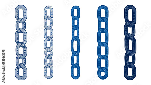 Stylized image of five vertical chains, gradients of blue, textured and rendered on white background
