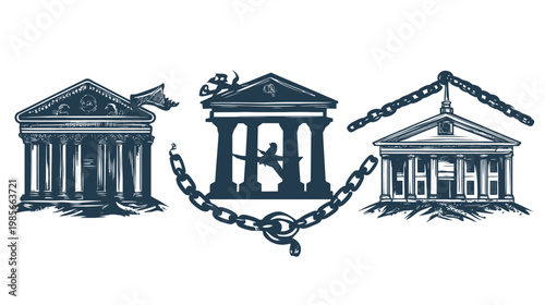 Three stylized, chained, neoclassical structures in a pen-and-ink style, evoking a sense of struggle