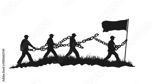 Silhouetted figures chained together marching towards a flag on a hilltop. Dramatic visual