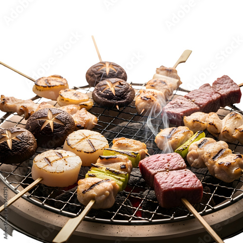 Grilled skewers assortment on grill with smoke and transparent background