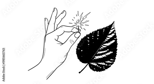 Hand holding a sparkler with a dark leaf nearby, simple line drawing featuring illustration, black and white, sparkles with firework and finger