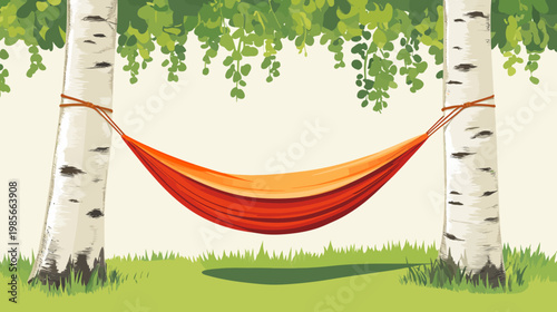 A relaxing summer scene of an orange and red hammock hung between two birch trees