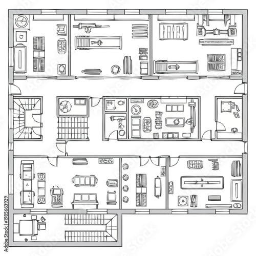 Detailed architectural drawing of a multi room dwelling showing floor plans and furniture arrangements perfect for real estate development and interior design concepts offering a comprehensive