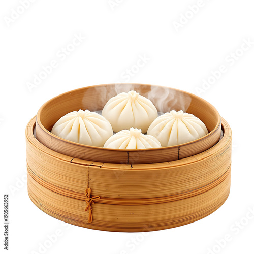 Steamed dumplings in bamboo steamer with transparent background