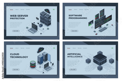 Set of isometric landing page template. Modern technology concept for cloud computing and artificial intelligence. Isometric technology