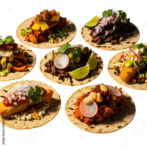 Assorted tacos on tortillas with various fillings overhead view on transparent background
