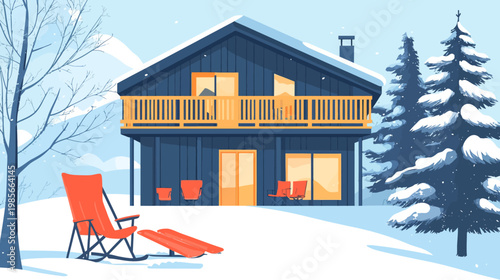Illustration of a snow-covered house with a balcony, trees, and lounge chairs in a winter setting