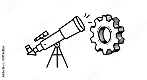 Telescope with a gear, astronomy tool for stargazing and mechanics featuring science, technology, gadget with device and space exploration elements