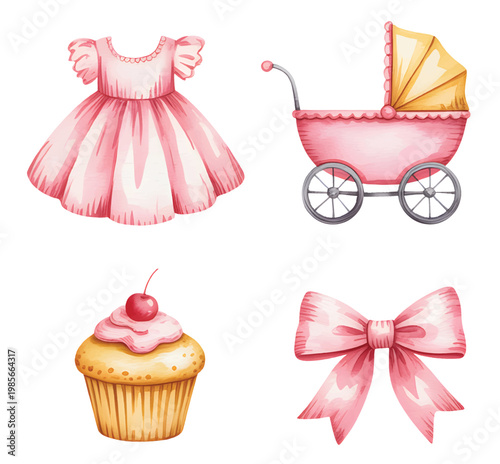 Cute baby girl collection in watercolor with dress stroller cupcake and ribbon.
