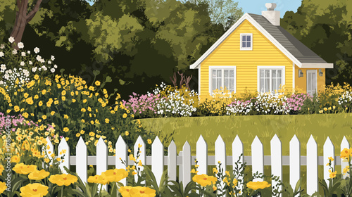 A charming illustration featuring a yellow house, white picket fence, and vibrant flower garden