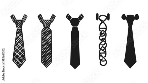 Black and white illustration of five different neckties. Each has a unique design