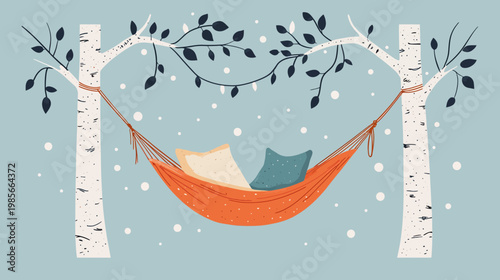 A relaxing hammock with pillows nestled between two trees, with falling snow