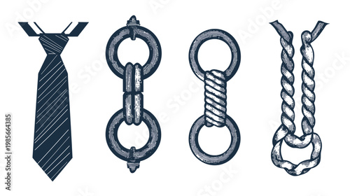 Graphic with a necktie, chain links, and coiled rope illustrations. All are in a monochrome color