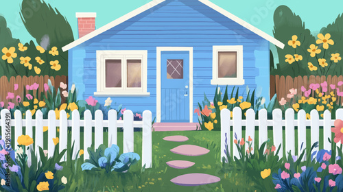 A picturesque illustration depicting a blue house with white trim and a colorful flower garden