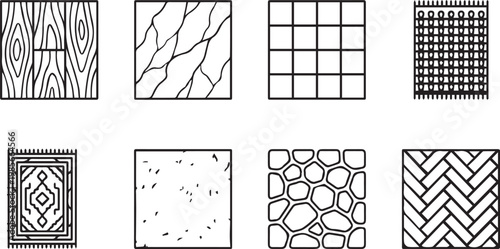 Minimalist flooring material icons set, 8 vector line art floor textures, interior design surface samples for wood, tile, marble, and carpet