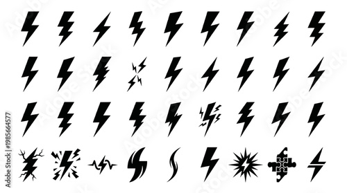 A comprehensive collection of diverse lightning bolt icons and symbols, showcasing various styles and complexities.