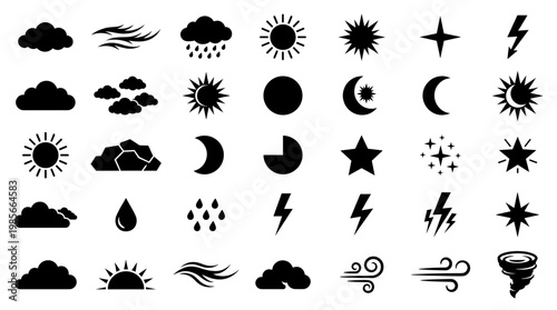 A comprehensive collection of weather-related icons, featuring various meteorological phenomena and celestial bodies.