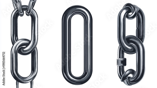 Three sections of metallic chains rendered with shades of gray against white background