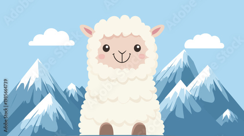 Adorable cartoon alpaca with fluffy white fur, rosy cheeks, and mountains in the background