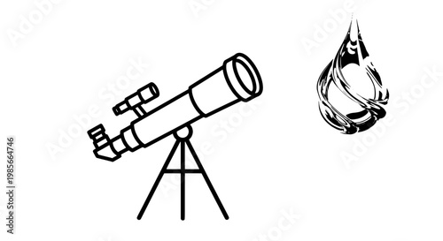 Telescope astronomy tool with simple line art, tripod stand and flame burst icon for space exploration and science posters