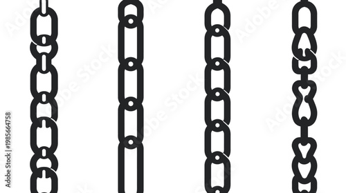 Several vertical stylized chains rendered in black against a white background. Each chain has different links