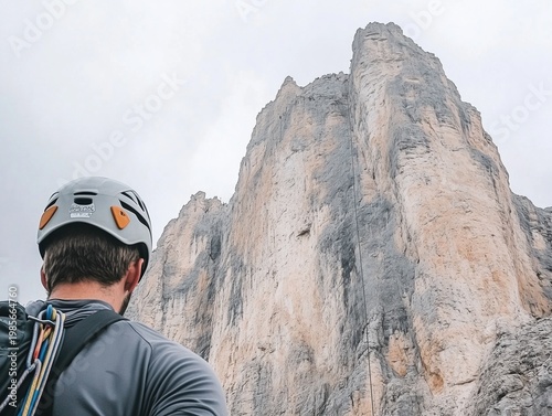 Climber wearing a helmet and carrying ropes, looking up at a vast rock face, contemplating the challenging ascent of a mountain, outdoor adventure and determination