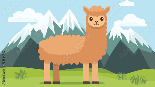 A cartoon llama stands in a green field before majestic mountains under a blue sky