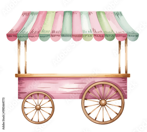 Watercolor pastel market stall cart with striped canopy shop display illustration. 