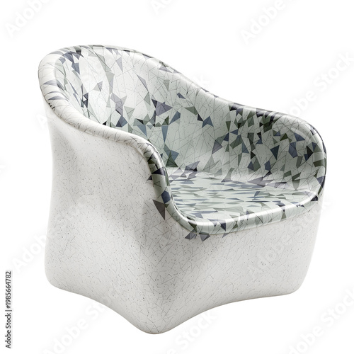 Modern white armchair with geometric pattern upholstery isolated