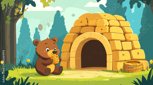 Animated illustration of a cute brown bear sitting near a beehive, eating honey in a forest scene