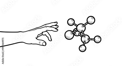Molecule model with a hand reaching out to touch it, illustrating a chemical structure featuring science, chemistry, illustration with educational
