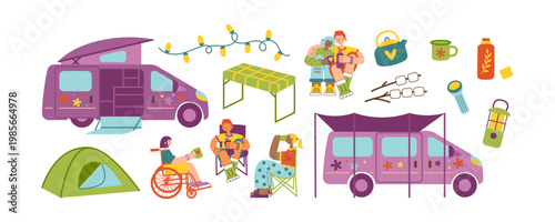 Camper van travel set with accessible vehicle and ramp, people outdoors, camping furniture and gear. Road trip with disability, inclusivity, nature lifestyle concept.