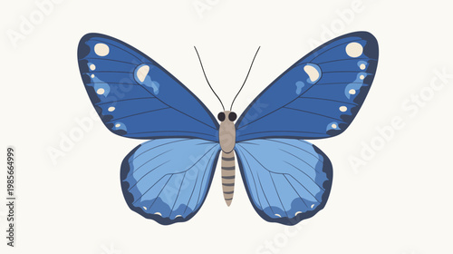 A vibrant illustration showcasing a symmetrical, stylized butterfly in shades of blue with unique wing patterns