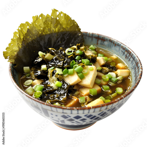 Japanese miso soup with tofu seaweed and scallions in a decorative bowl isolated