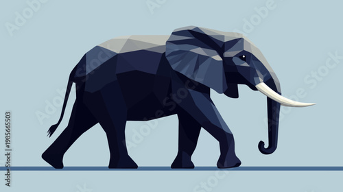 A geometric illustration of an elephant walking in profile, showcasing a bold, low-poly design