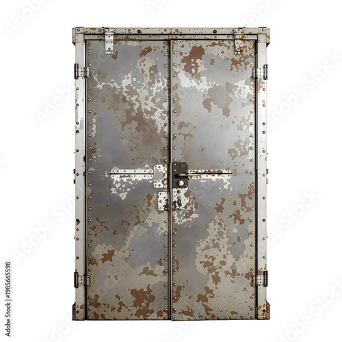 Weathered metal double doors with corrosion texture against transparent background