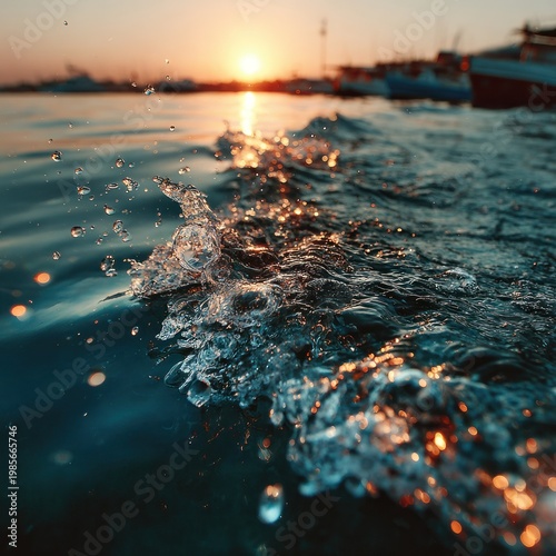 Golden sunset illuminates cresting wave with boats in the distance