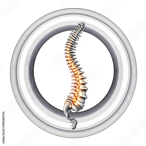 Anatomical illustration of human spine inside circular emblem