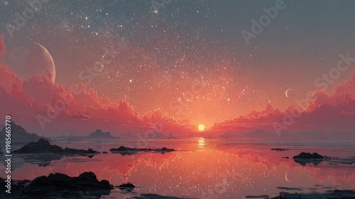 Alien landscape with sunset, planets, water, and stars reflecting light
