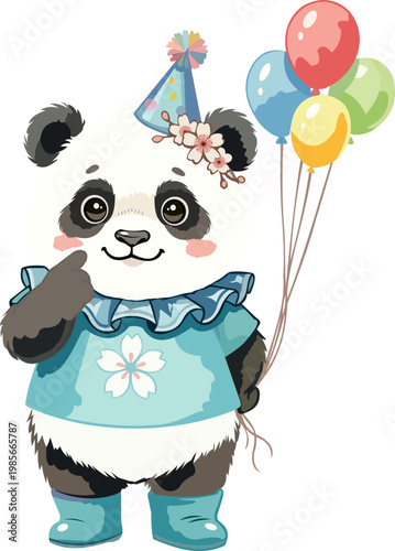 Cute Panda With Balloons and Party Hat Kids Design