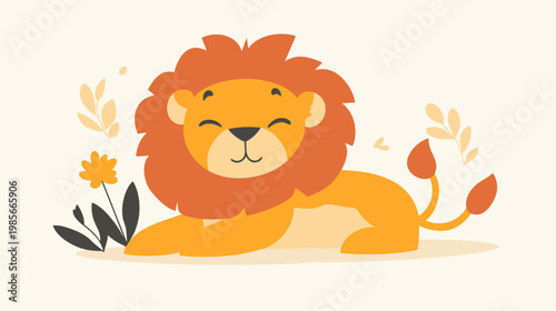 Cartoon illustration of a friendly lion lounging contentedly, accompanied by minimalist floral elements