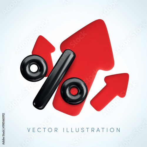 Vector cartoon 3d percent increase banner. Cute realistic black percentage sign with red arrows up. 3d render growth percentage icon for business chart, financial rate increase, loan rise cost.