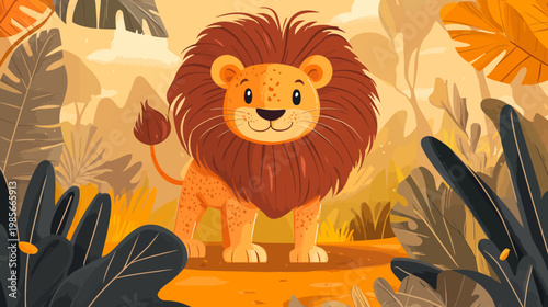 A cartoon illustration of a friendly lion standing amidst lush, stylized jungle foliage