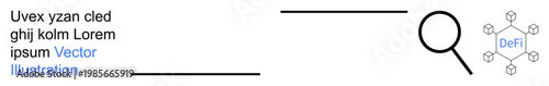 Blockchain, cryptocurrency, financial analysis, technology trends, digital economy, data investigation. Magnifying glass with decentralized finance diagram. Blockchain and cryptocurrency concept