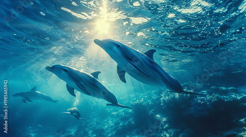 Underwater view of a group of bottlenose dolphins swimming in the blue ocean with sunlight beams and coral reef