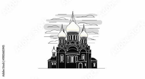 Stylized line drawing of a grand cathedral with onion domes