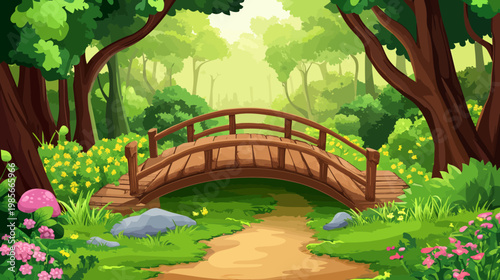 A vibrant cartoon forest scene with a wooden bridge arching over a path leading into the distance