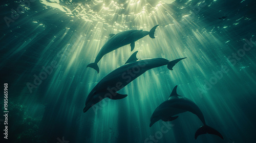 Underwater view of a group of bottlenose dolphins swimming in the blue ocean with sunlight beams and coral reef
