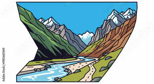Stylized mountain valley with river and pathway under blue sky