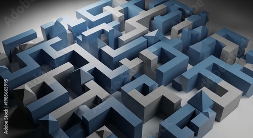 Blue abstract jigsaw puzzle pieces grid background,Abstract 3D rendering of interlocking blue and gray geometric blocks forming a complex maze-like structure with soft lighting and shadows.